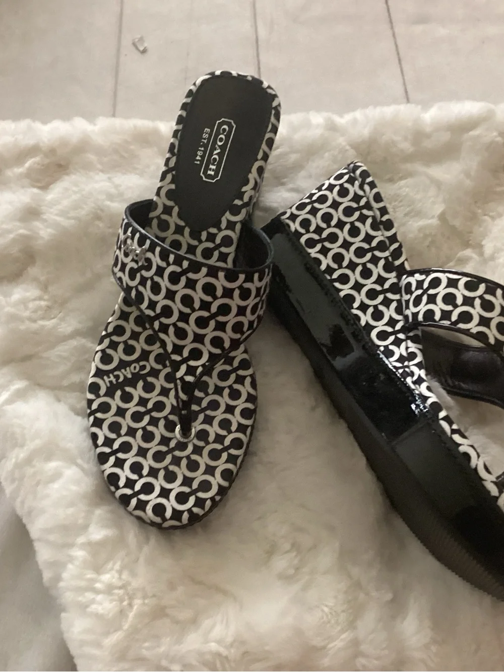 Coach Black & White Logo Platform Thong Sandals